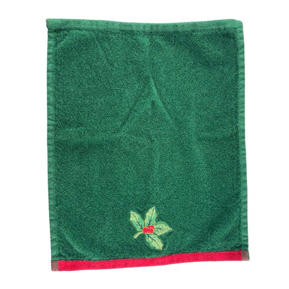 Holiday Christmas Hand Towel Green Red Holly Embroidered Kitchen Decor - Picture 2 of 3